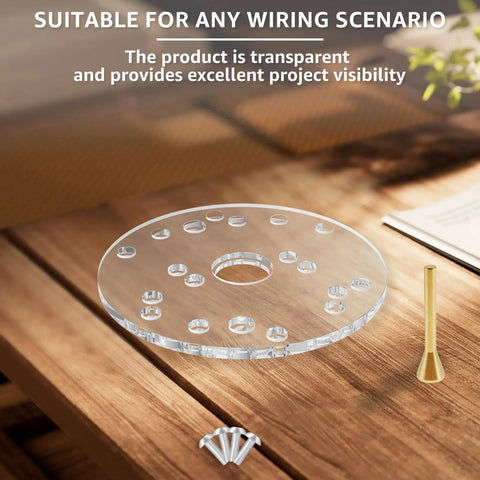 6.5 Inch Extra Thick Clear Acrylic Router Base Plate With Secure Centering Pin Universal Sub Base on wooden surface.