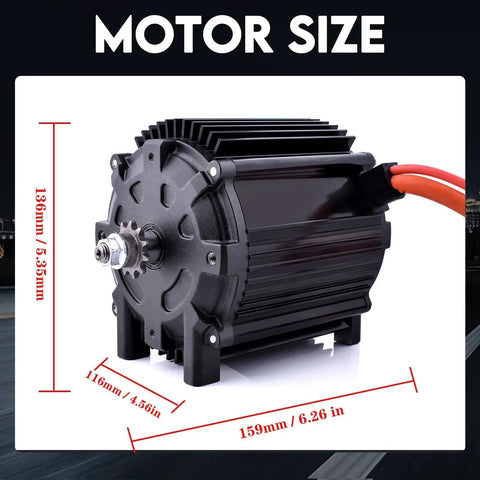 72V 5000W Brushless DC Motor For Go Karts Dirt Bikes And Electric Rides with dimensions labeled, black exterior, copper core