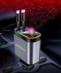 Retractable Car Charger Featuring Hella Easy 4 In 1 Fast Charging Via Usb C And Usb A Ports with twinkling starry sky light