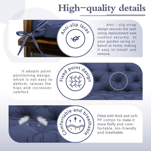 High-quality details of Extra Thick 5 Inch Waterproof Porch Swing Cushions For 60 Inch Three Seater with anti-slip laces and fixed point design.