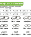 1000Pcs 304 Stainless Steel Spring Washers Kit Nine Size Set M2 M2.5 M3 M4 M5 M6 M8 M10 M12 For Mechanical Automotive Equipment Outdoor Furniture Pro Grade Anti Loosening Locking Fastening. Size chart and washer counts.