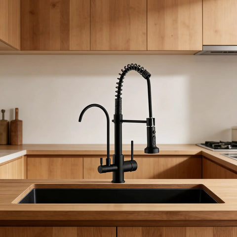 3 in 1 Spring Brushed Nickel Kitchen Faucet With High Arc, Single Hole Mount, Pull Down Sprayer, Built In RO Filtration in modern kitchen