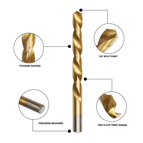 GMTOOLS titanium-coated HSS drill bit; front view, 118° split point, two-flute twist, precision machined tip