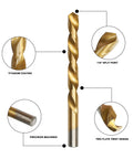 230 Piece Drill Bit Set With 135 Degree Titanium Coated High Speed Steel Twist Bits for Iron Aluminum Copper Wood and Plastic in a Hard Storage Case, close-up of titanium coating, split point, and twist design.
