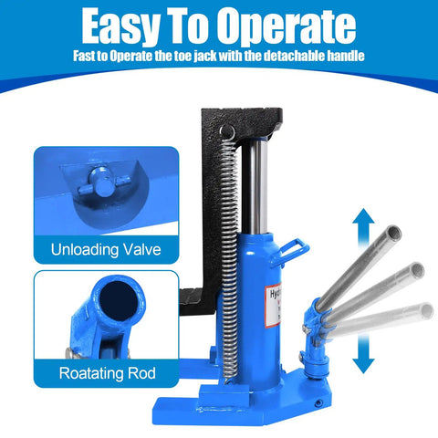 Heavy Duty 2 In 1 Hydraulic Bottle Toe Jack With Savage 10 Ton And 5 Ton Capacity featuring unloading valve and rotating rod.