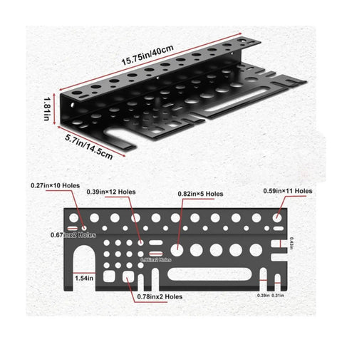 Wall Mounted Hand Tool Organizer Rack dimensions and hole sizes for screwdrivers, pliers, and small tools, heavy duty metal construction.