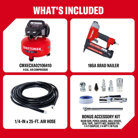 Craftsman 6 Gal Pancake Air Compressor With Oil-Free Tank Generating A Punchy 150 Psi For Swift Recovery. This Ultimate Combo Kit Features An Upgraded 18 Gauge Brad Nailer For Precise Trim Work And Light Molding Projects. Perfect For Detailed