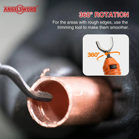 Angle of Inside Pipe Cutter For PVC Pipe With Diamond Grit Blade And Deburring Tool Versatile 8 Piece Set in use on copper pipe.