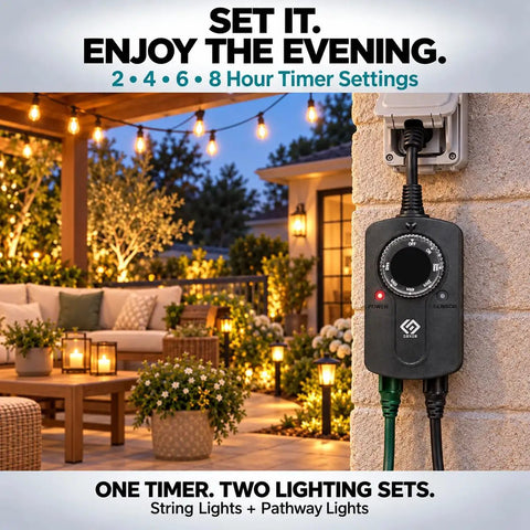 Heavy Duty Outdoor Light Timer Featuring Dusk To Dawn Photocell Sensor And Dual Grounded Outlets Waterproof Build For Yard Decor in outdoor setting.