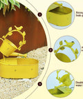 Yellow metal solar powered outdoor water fountain with battery backup for garden bird bath yard decor, featuring strong welds, anti-rust coating, and double-layer water flow design.