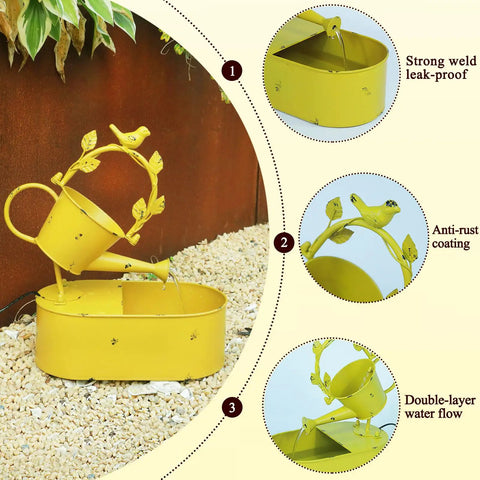 Yellow metal solar powered outdoor water fountain with battery backup for garden bird bath yard decor, featuring strong welds, anti-rust coating, and double-layer water flow design.
