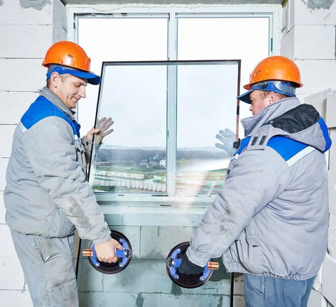 Workers using Beefy 10 Inch Metal Vacuum Suction Cups with Metal Handles for moving glass panels safely in construction site.