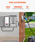 Manual Transfer Switch Kit For Home Power Backup, 50 Amp 10 Circuit, Prewired Generator Transfer Kit With CS6375 Plug Power Inlet Box, Double Throw, NEMA 3R, Mechanical Watt Meter For 12500W Generators installed on wall