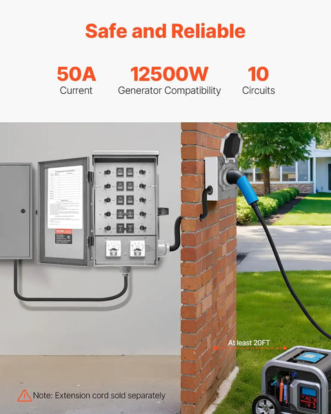Manual Transfer Switch Kit For Home Power Backup, 50 Amp 10 Circuit, Prewired Generator Transfer Kit With CS6375 Plug Power Inlet Box, Double Throw, NEMA 3R, Mechanical Watt Meter For 12500W Generators installed on wall