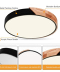 Close-up of dimmable 19 inch round LED ceiling light with remote featuring wood, metal, and acrylic elements, 3000K-6000K colors.
