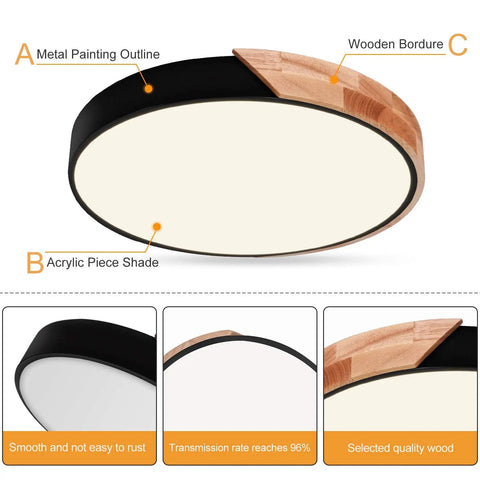 Close-up of dimmable 19 inch round LED ceiling light with remote featuring wood, metal, and acrylic elements, 3000K-6000K colors.