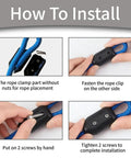 Guide showing installation steps of Four Pack Rope Clamps Reusable Half Inch Clamp For Nine To Ten Point Five Millimeter Nylon Or Black Braided Cord.
