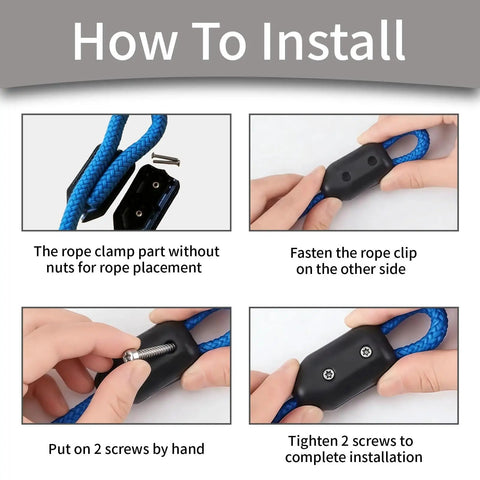 Guide showing installation steps of Four Pack Rope Clamps Reusable Half Inch Clamp For Nine To Ten Point Five Millimeter Nylon Or Black Braided Cord.