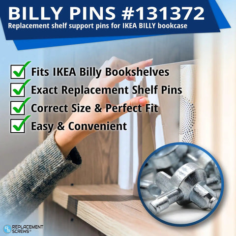 Heavy Duty Shelf Support Pins And Replacement Screws Compatible With Ikea Part 131372 in use on a Billy bookshelf.