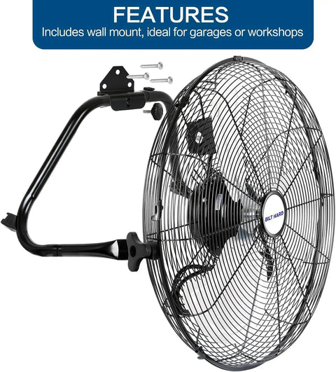 High Velocity 20 Inch Floor Fan With Three Speed Settings And Heavy Duty Metal Build Workhorse with wall mounting system