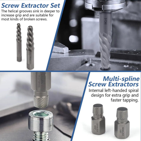 55 Piece Screw Extractor Set For Stripped Screws And Broken Bolts with Multi Spline and Spiral Extractors in use and display