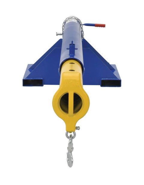 Straight Up Heavy Duty Telescoping Lift Boom Converts Fork Trucks To Overhead Cranes With 6000 Lb Capacity Rock Solid Industrial Workhorse For Easy No Sweat Lifting Operations Blue Finish Front view of telescoping lift boom with chain and hook.