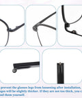 Kick Your Broken Frames Back To Life With This Heavy Duty TR90 Eyeglass Temple Replacement Kit Includes Screws Nuts Wrench And Nose Pads For A Super Quick Snap Fix showing installation details and hinge adjustments.