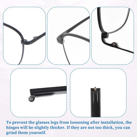 Kick Your Broken Frames Back To Life With This Heavy Duty TR90 Eyeglass Temple Replacement Kit Includes Screws Nuts Wrench And Nose Pads For A Super Quick Snap Fix showing installation details and hinge adjustments.