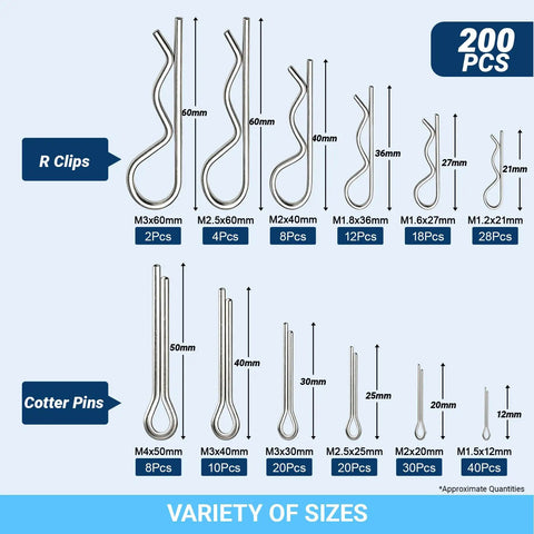 304 Stainless Steel Cotter Pins and R Clips All In One Assortment Kit With 12 Sizes, showing various pin dimensions and quantities.