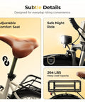 Cityscape 2.0 Electric Commuter Bike For Adults with adjustable comfort seat, headlight, and rear rack highlighting durability features