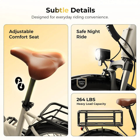 Cityscape 2.0 Electric Commuter Bike For Adults with adjustable comfort seat, headlight, and rear rack highlighting durability features