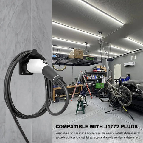 EV Charger Holder Wall Mount For SAE J1772 Cables in garage with secured cables and bikes, indoor or outdoor charging setup
