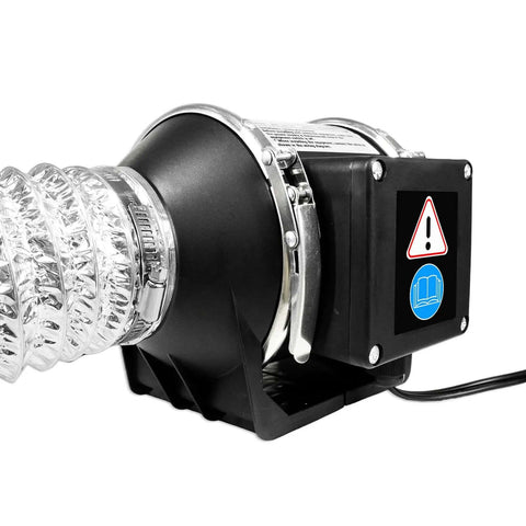 Powerful 3 inch duct fan with speed controller showing side view and attached 1.5m pipe for airflow in enclosures and tents