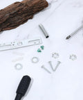 Four Inch Light Fixture Mounting Bracket Kit Three Pack With Small Chandelier Hold Plates And Universal Lamp Fixture Hardware For DIY Easy Chandelier Or Wall Light Installations Includes Three Crossbars Three Lamp Pipes And Ground Screws., silver crossbar bracket kit with screws, nuts, washers, and threaded pipe on white surface