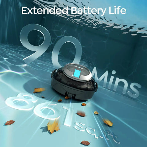 Dual Layer Filtration S2 Robotic Pool Cleaner With 90 Minute Runtime underwater with leaves, highlighting battery life.