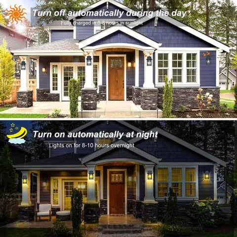 Solar Powered Outdoor Wall Lanterns Waterproof With 3 Modes No Fuss 2 Pack Wireless Dusk To Dawn LED Sconce Lights Motion Sensor Wall Mount Porch Light For Patio Garden Yard With Clear Cover on a house during day and night