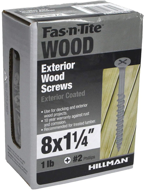 Built Tough Gray Epoxy Exterior Deck Screws 181 Pack Bugle Head Fasteners All Season Outdoor Hardware Self Countersinking Crew Go To For Backyard Yards, 8x1¼ inch exterior wood screws in packaging.