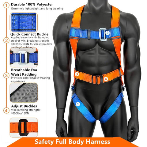 Full Body Safety Harness With Internal Shock Absorbing Lanyard For Tool Fall Protection OSHA ANSI ASTM F1774 Certified on mannequin