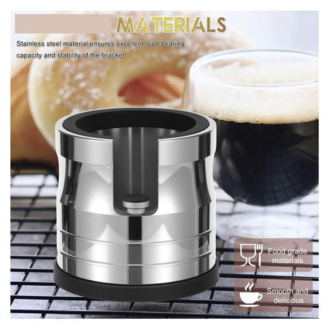 Stainless Steel 58mm Espresso Tamping Station And Portafilter Stand For Home Brewers With Adjustable Height Base and Non Slip Grip heavy duty build, showcased on a kitchen counter.