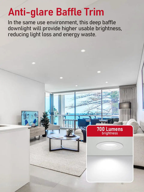 Living room with 12 Pack Four Inch LED Recessed Can Lights Retrofit Kit, Dimmable and Energy Efficient, 700 Lumens, Baffle Metal Trim.