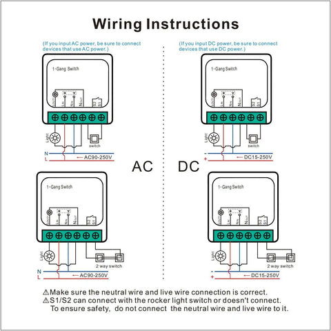 Wiring instructions for Mini WiFi Relay Smart Light Switch Module For DIY Install, Compatible With Alexa And Google Home, 16A, Two Pack