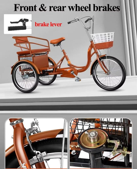 Ultimate 20 Inch Adult Tricycle With Large Rear Basket And Lid, steel frame, dual brakes, pneumatic spokes, adjustable handlebar