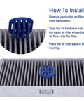 Installation guide for In-Filter Cabin Air Freshener With Odor Eliminator Keeps Your Ride Fresh All Day Attaches Directly To Cabin Filter Pleats Works With Most Cars Trucks And SUVs 1 Pack on a gray air filter