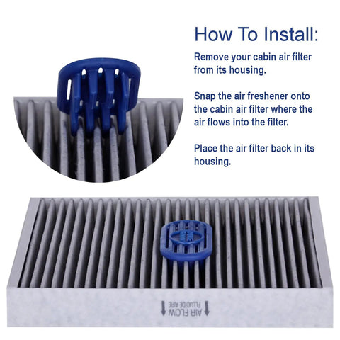 Installation guide for In-Filter Cabin Air Freshener With Odor Eliminator Keeps Your Ride Fresh All Day Attaches Directly To Cabin Filter Pleats Works With Most Cars Trucks And SUVs 1 Pack on a gray air filter