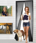 Woman and dog using Magnetic Screen Door 36 X 82 Inches, Heavy Duty Reinforced Fiberglass Mesh, Black Modern Style, Patio Door