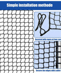 Durable Knotless Polyester Safety Net for Kids and Pets with installation guide, 3x10FT, showcasing corner ropes and edge cable ties.