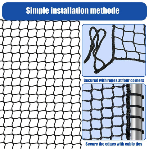 Durable Knotless Polyester Safety Net for Kids and Pets with installation guide, 3x10FT, showcasing corner ropes and edge cable ties.