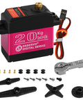 High Torque 20Kg RC Servo Motor Waterproof Full Metal Gear Steering with 25T Horn for RC Cars and Robots, shown with components.