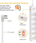 Heavy Duty 6 Outlet Power Strip with Individual On Off Switches, 8 Foot Flat Plug Extension Cord, Safe Surge Protector