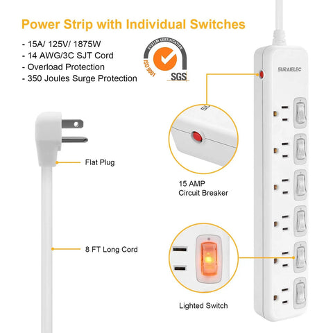 Heavy Duty 6 Outlet Power Strip with Individual On Off Switches, 8 Foot Flat Plug Extension Cord, Safe Surge Protector